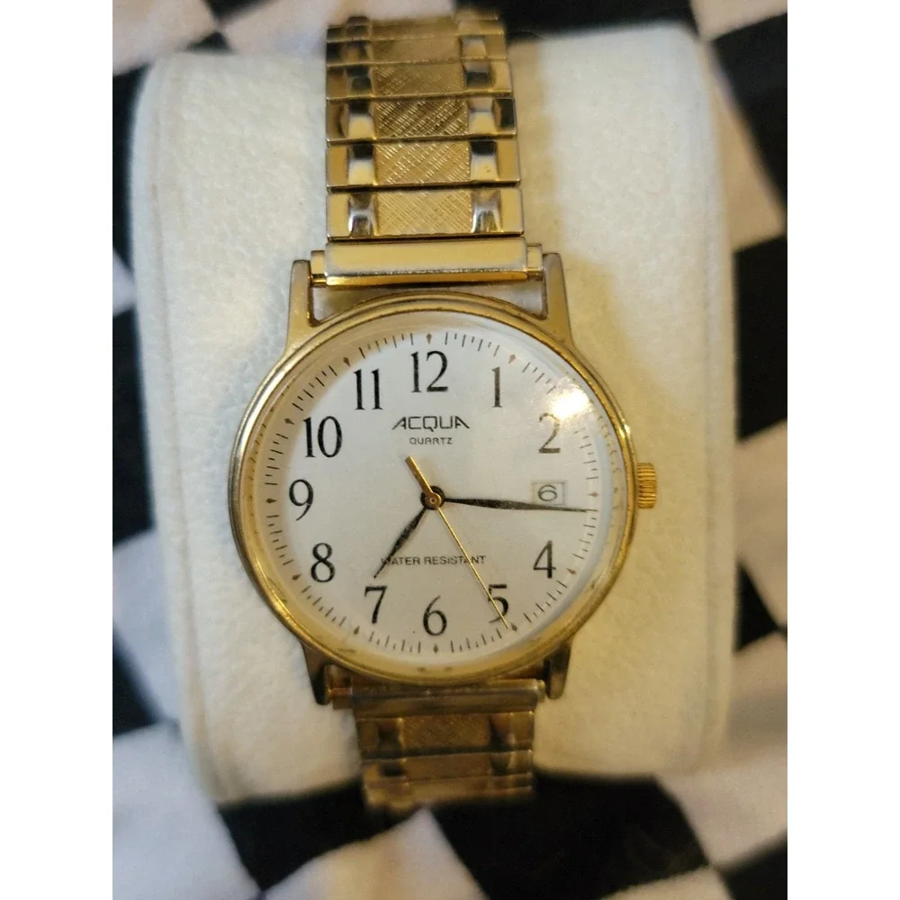 Acqua Quartz Watch – Gold Tone –‎ White Dial – Date – Stretch Band